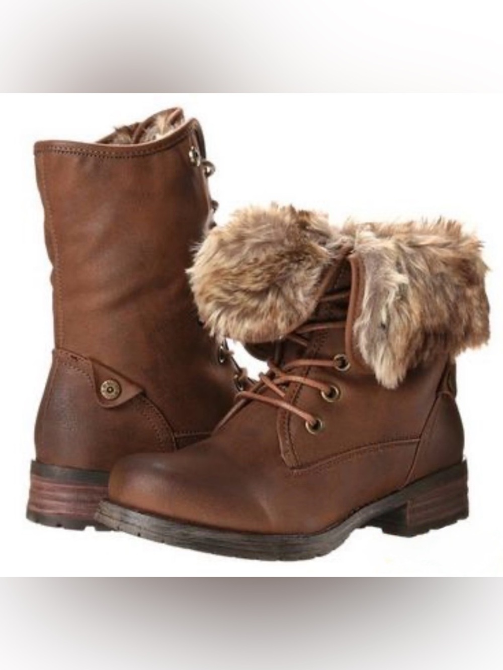Steve Madden Brown Faux-Fur Cuff Lace-Up Ankle Boots; Combat boots size 8